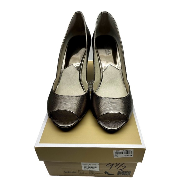 Michael Kors Nathalie 9.5 M Nickel Metallic Leather Peep Toe Pumps Stiletto New - Picture 1 of 15